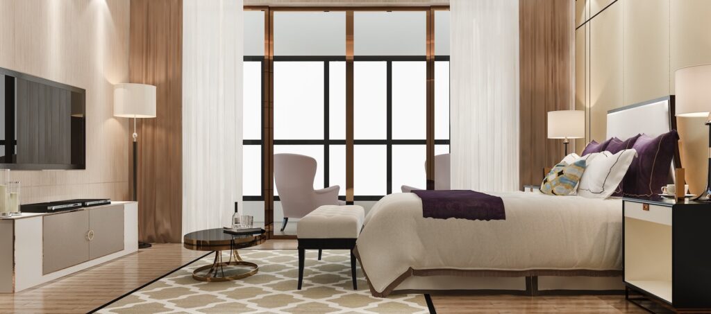 3d rendering beautiful luxury bedroom suite in hotel with tv
